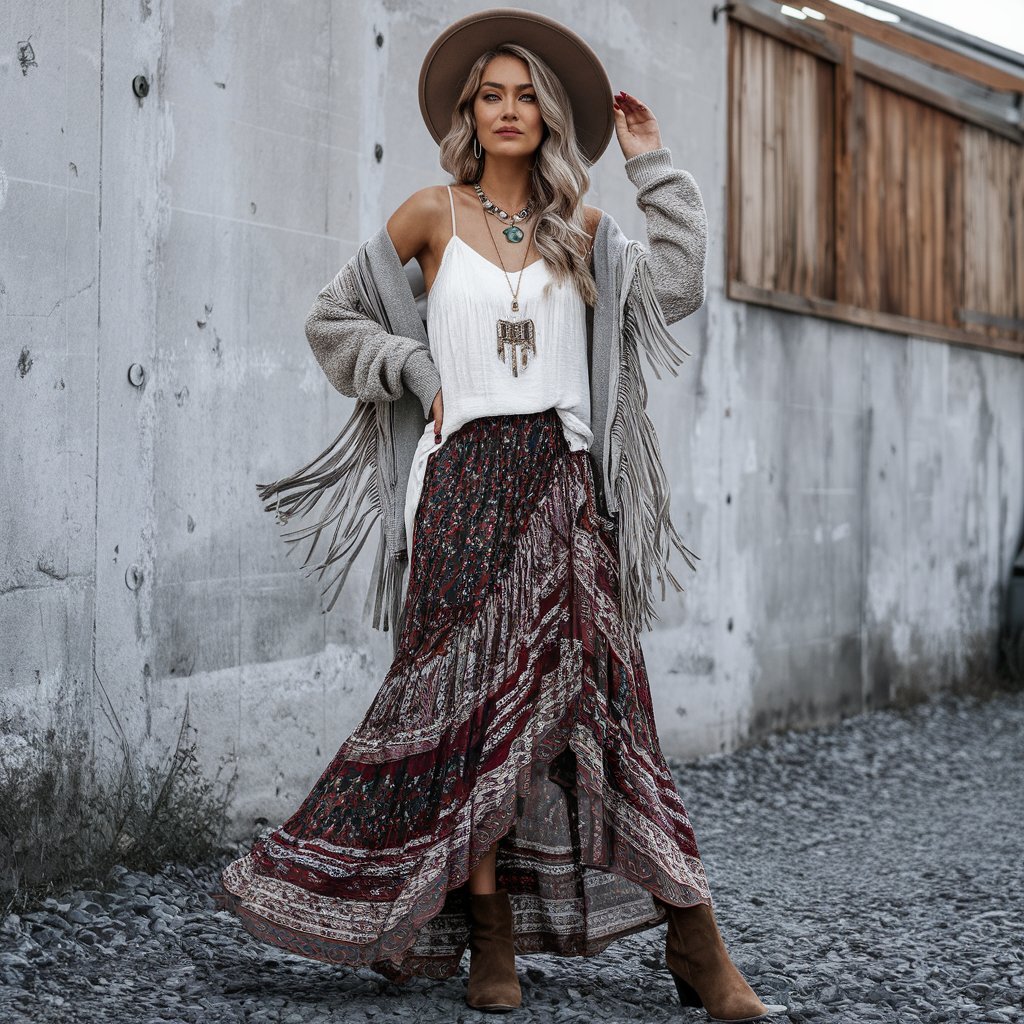 Boho Fall Maxi Skirt Outfits