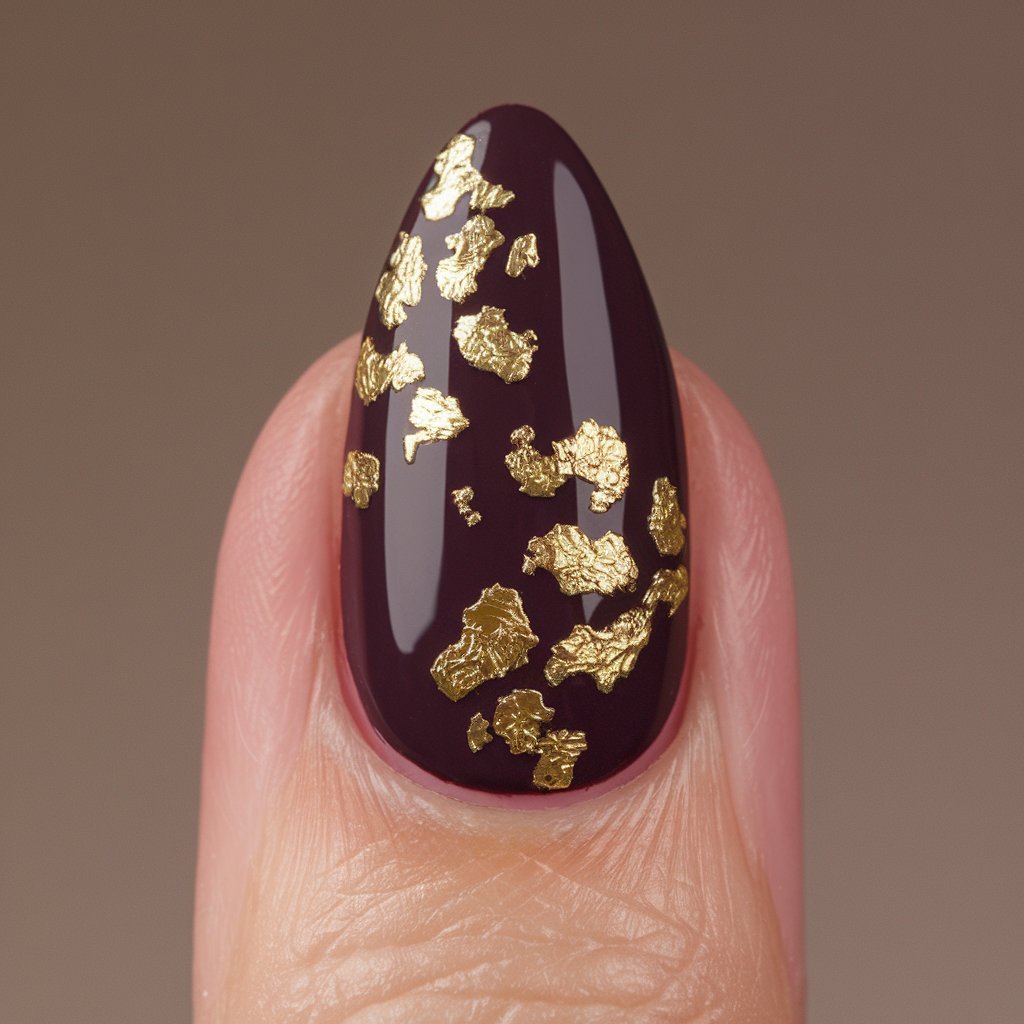 Dark Plum Nails with Gold Foil