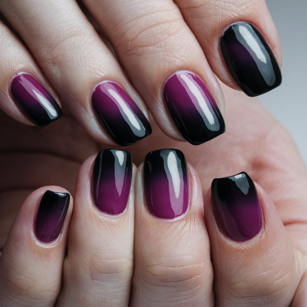 Dark Plum and Black Gradient Nails