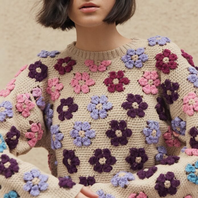 Floral Motif Crochet Sweater