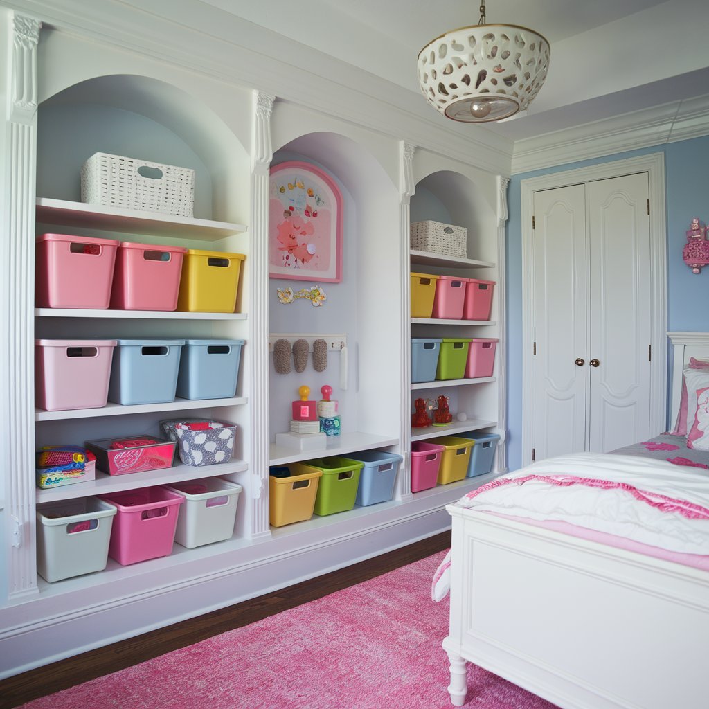 Functional Girls' Bedroom Design with Built-In Shelves