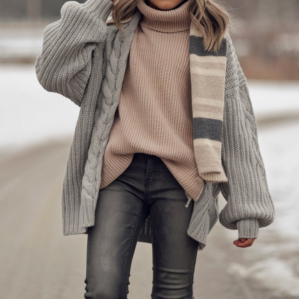 Layered Sweaters and Coated Jeans