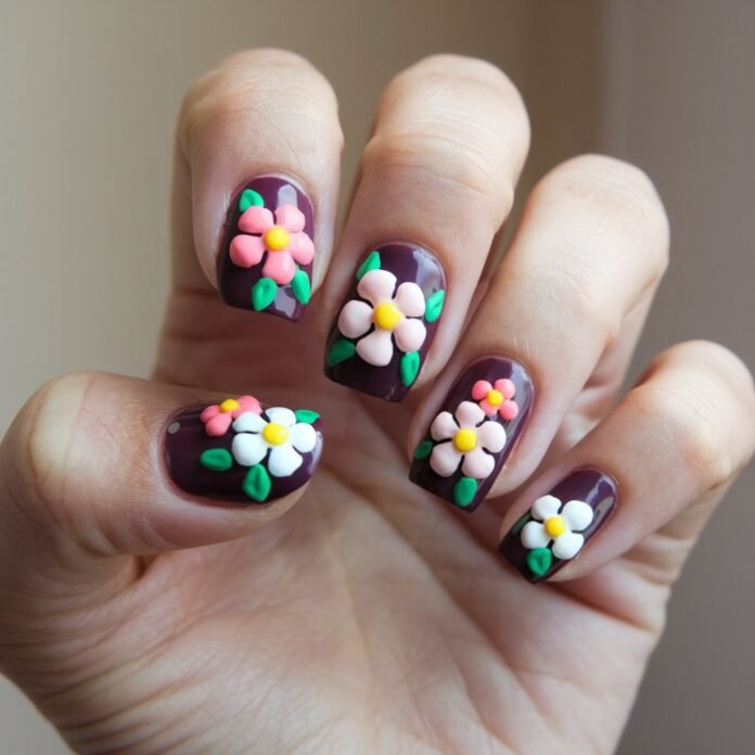 Dark Plum Nails with Floral Patterns