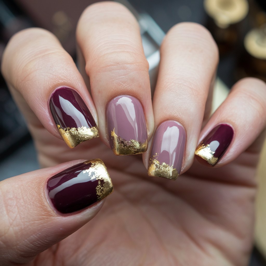 Dark Plum Nails with Gold Foil Accents