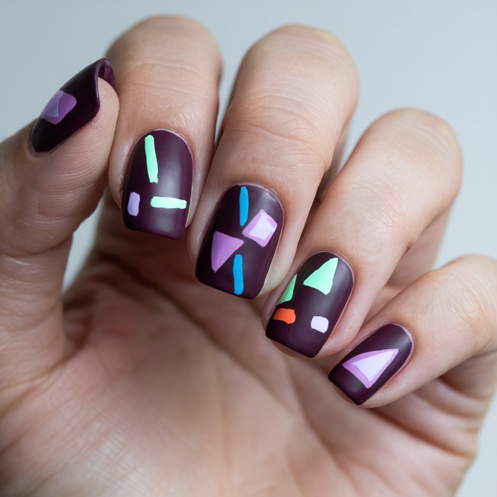 Dark Plum Nails with Geometric Designs