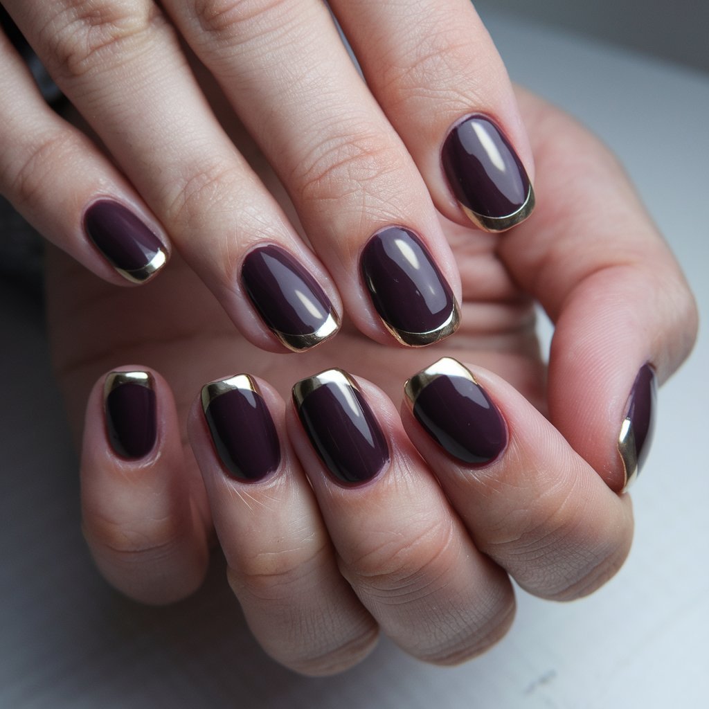 Dark Plum Nails with Metallic Tips