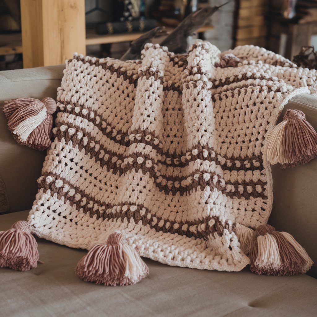 Crochet Throw Blanket with Tassels