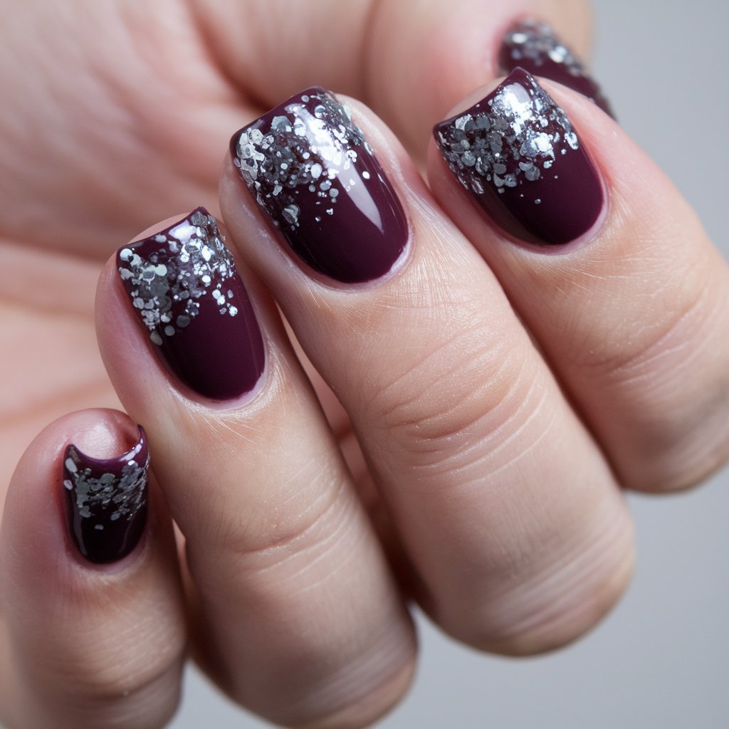 Dark Plum Nails with Silver Glitter Accents