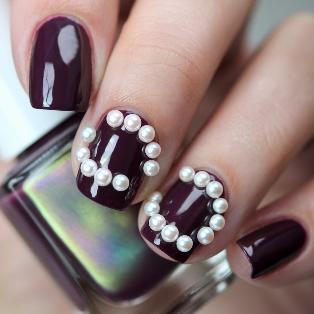 Dark Plum Nails with Pearl Accents