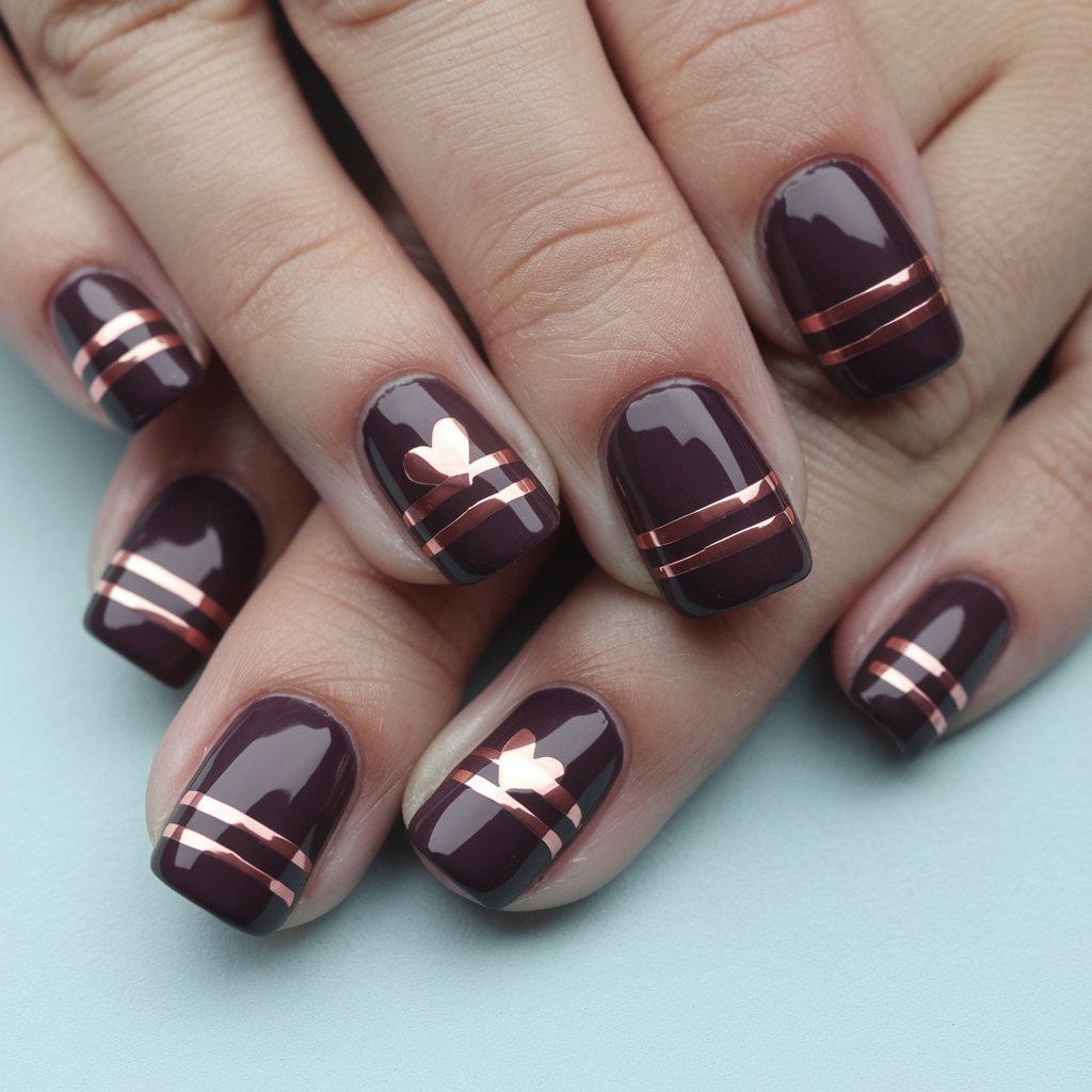 Dark Plum Nails with Rose Gold Accents