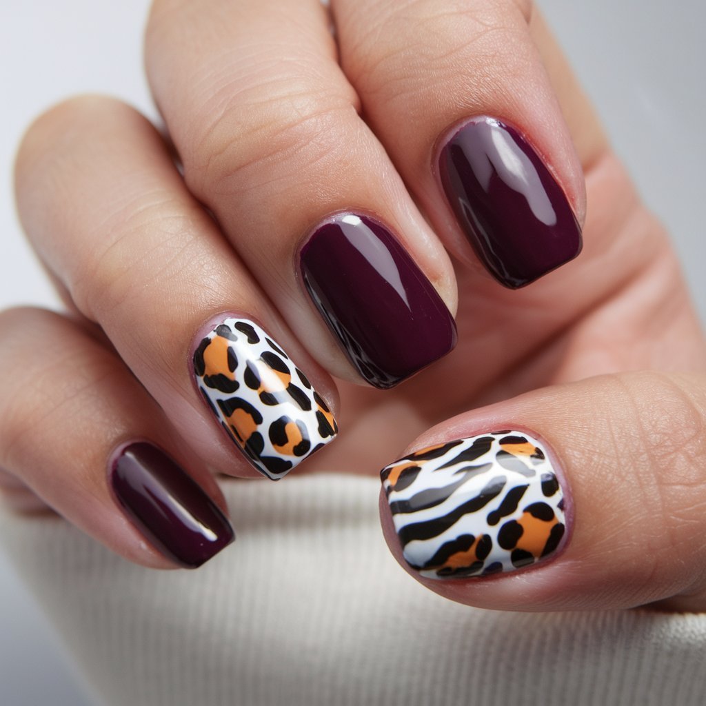 Dark Plum Nails with Animal Print Accents