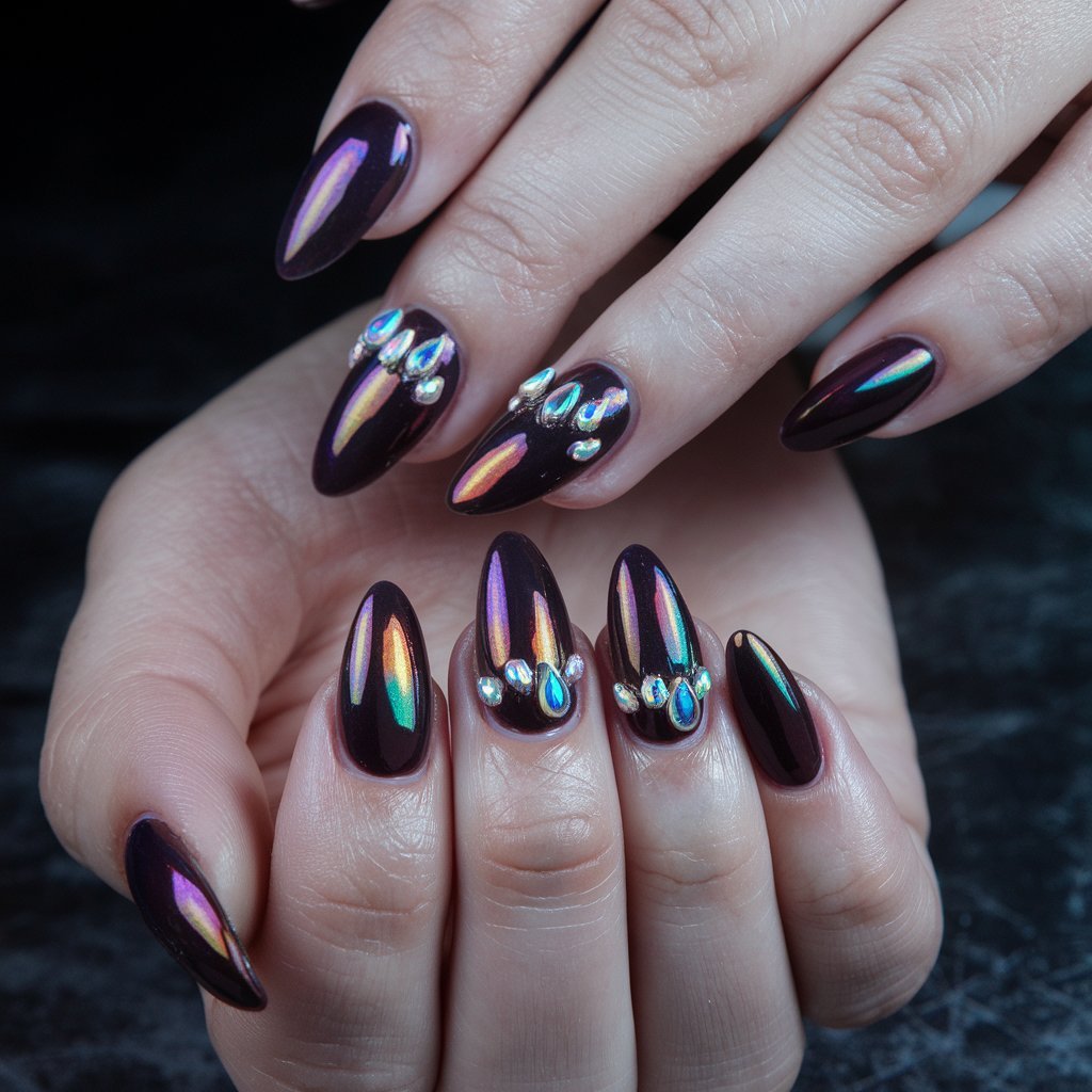 Dark Plum Nails with Holographic Finish