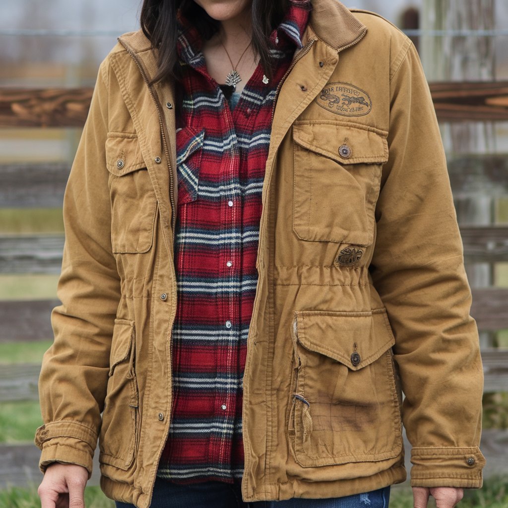 Barn Jacket with Plaid Shirt and Boots