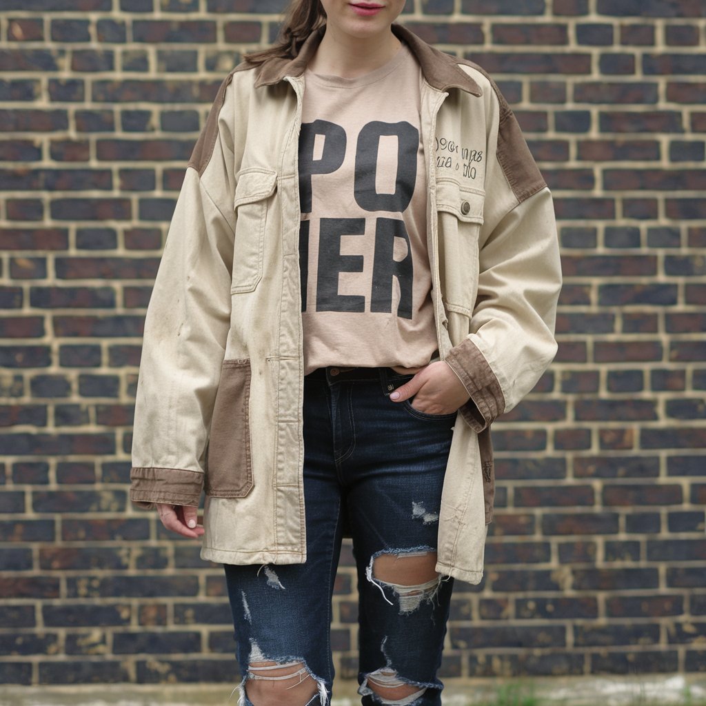 Barn Jacket with a Graphic Tee and Ripped Jeans