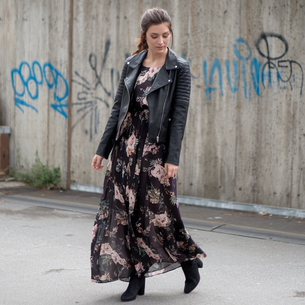 Floral Maxi Dress with Leather Jacket