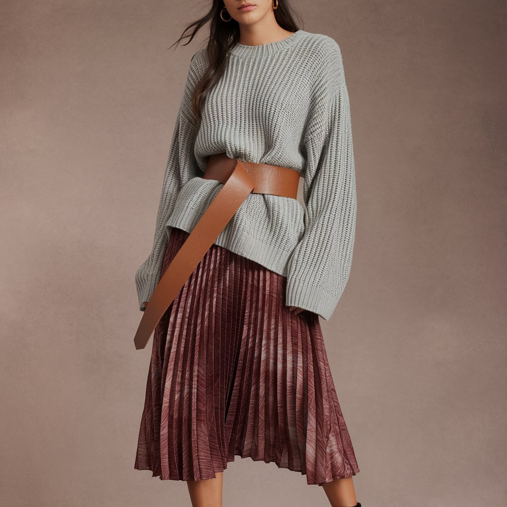 Oversized Knit Sweater with Pleated Midi Skirt