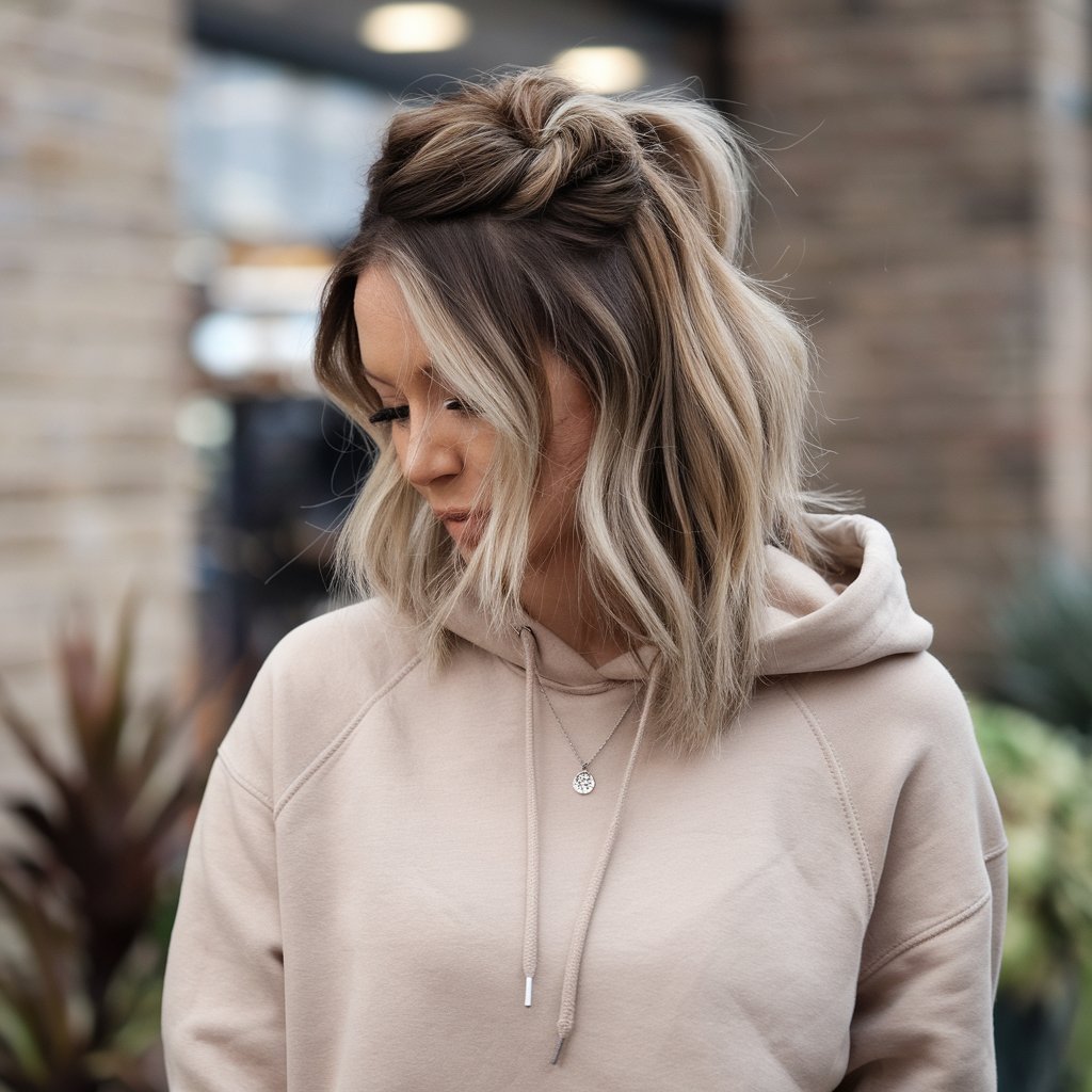 Half-Up Twisted Ponytail with a Hoodie