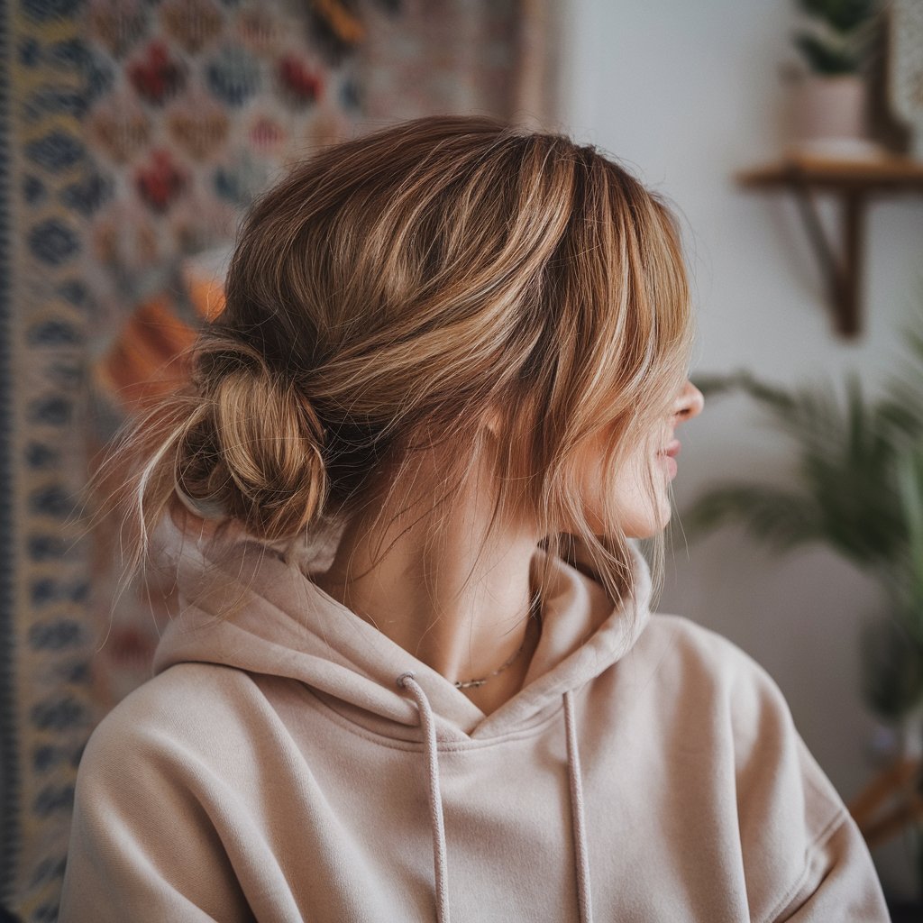 Low Messy Bun with Face-Framing Strands