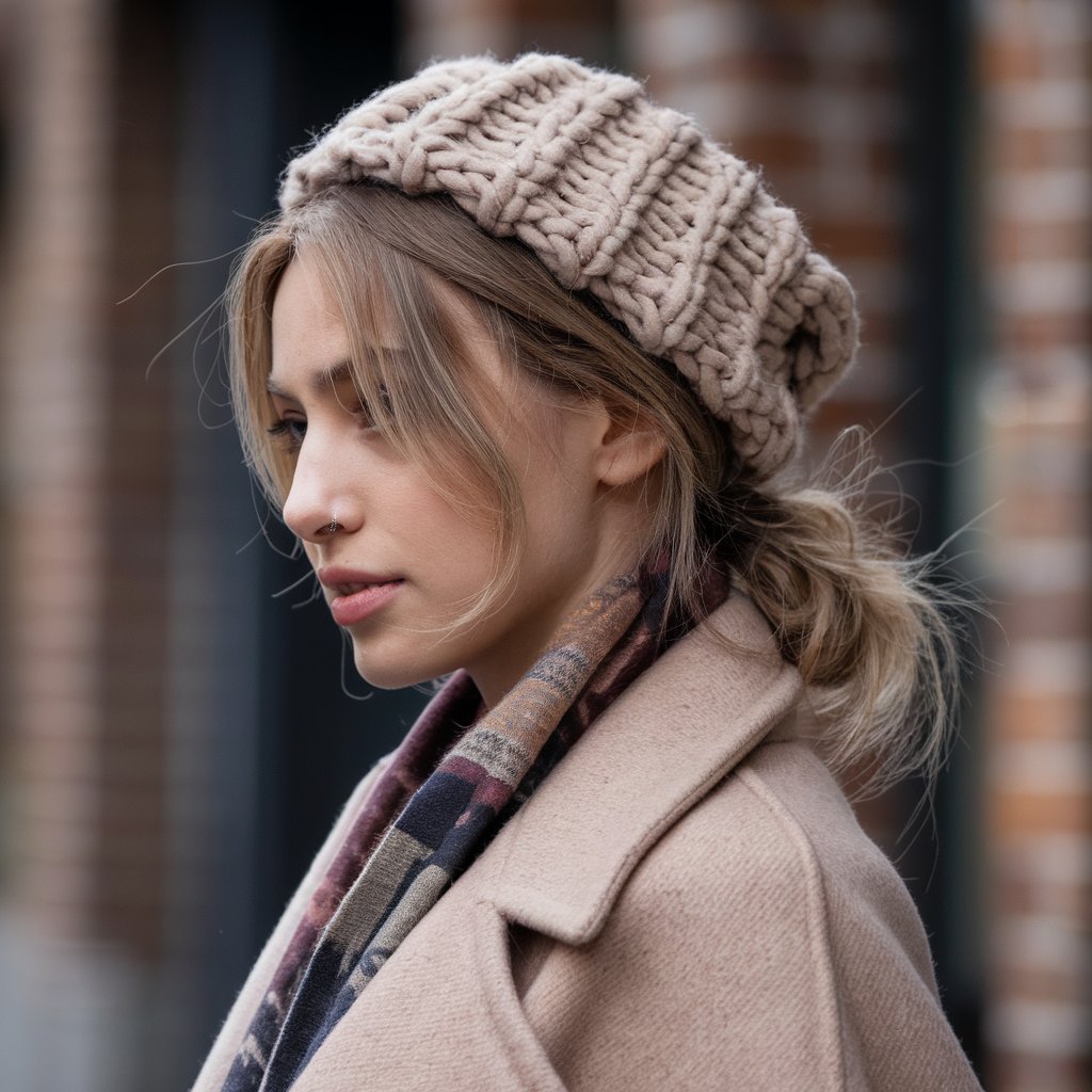 5. Messy Low Ponytail with a Chunky Beanie