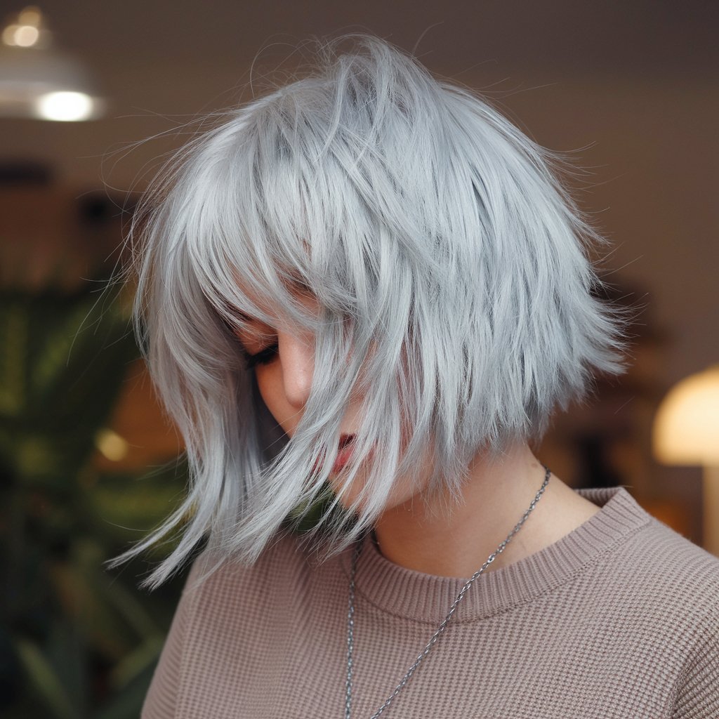 Silver Shaggy Bob with Bangs