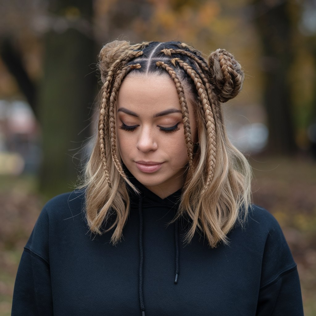 Braided Space Buns with a Hoodie