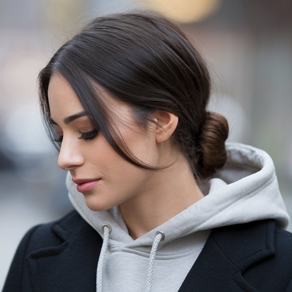 Low Bun with a Hoodie