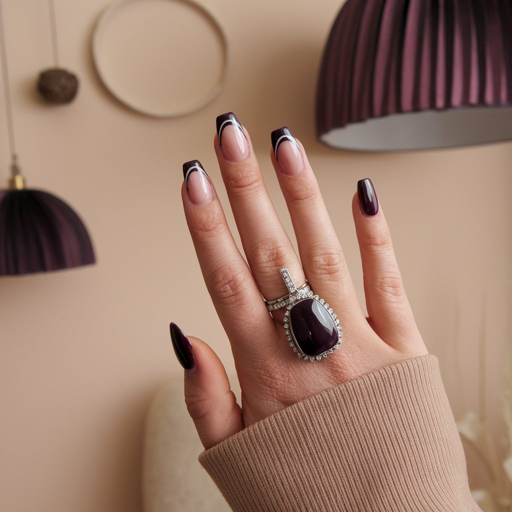 Dark Plum Nails with French Tips