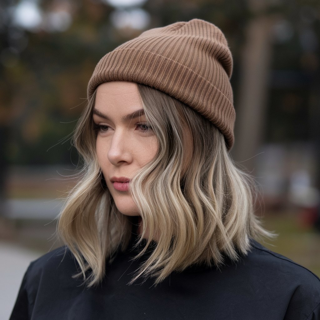 Shoulder-Length Waves with a Ribbed Beanie