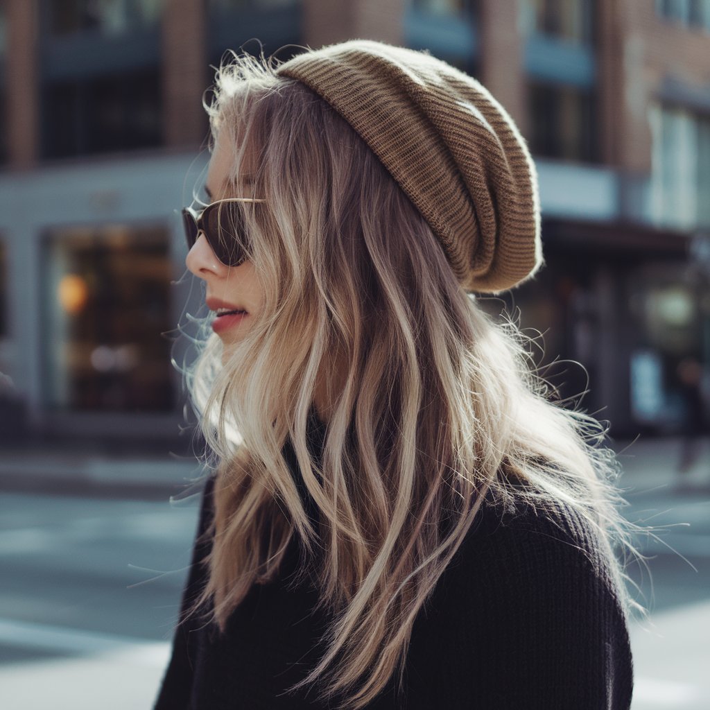 Wavy Half-Up with a Slouchy Beanie