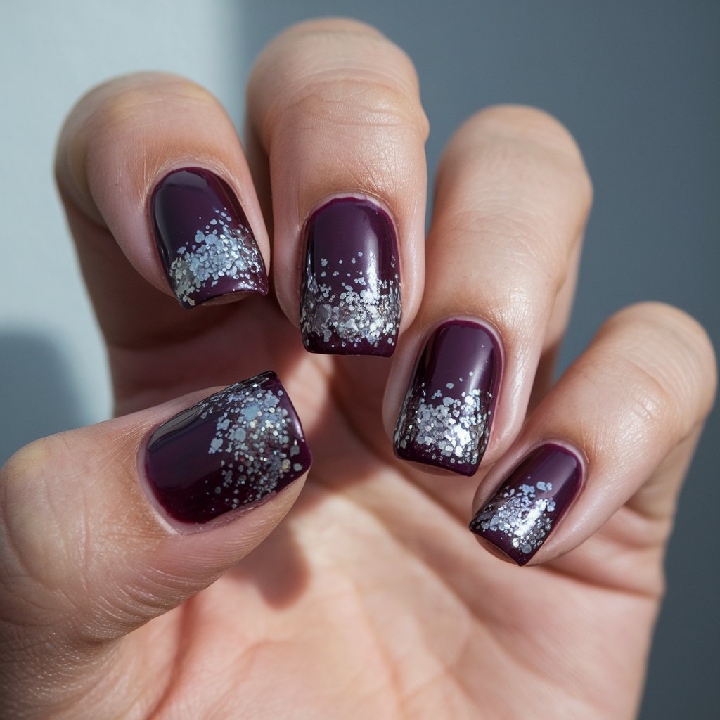 Dark Plum Nails with Glitter Ombre