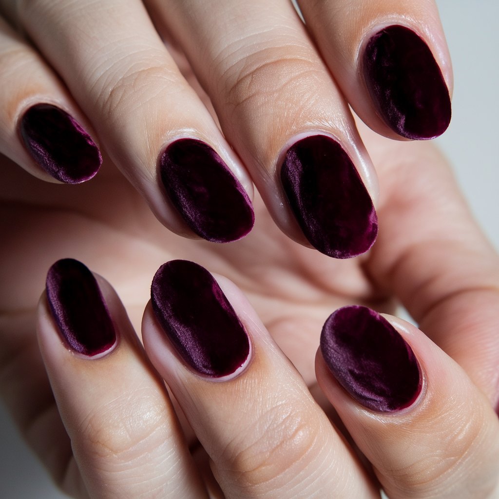 Dark Plum Nails with Velvet Texture