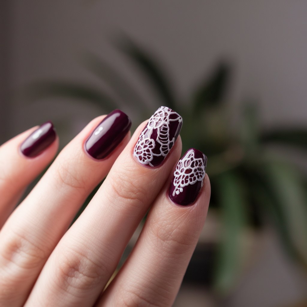 Dark Plum Nails with Lace Detailing