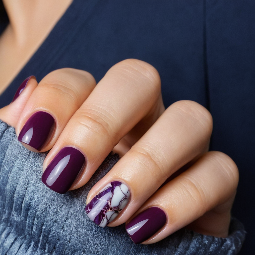 Dark Plum Nails with Marble Effect