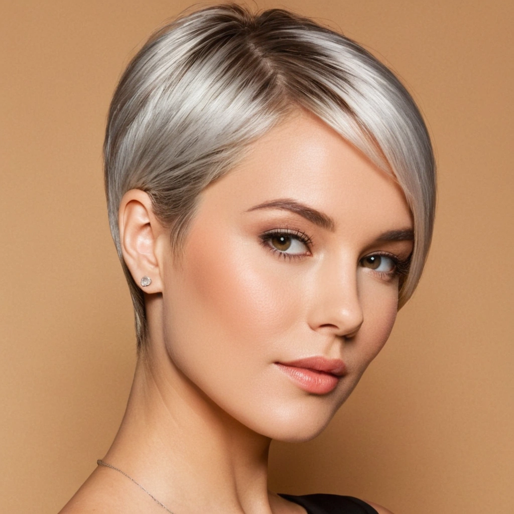 Sleek Silver Pixie with Side Swept Bangs