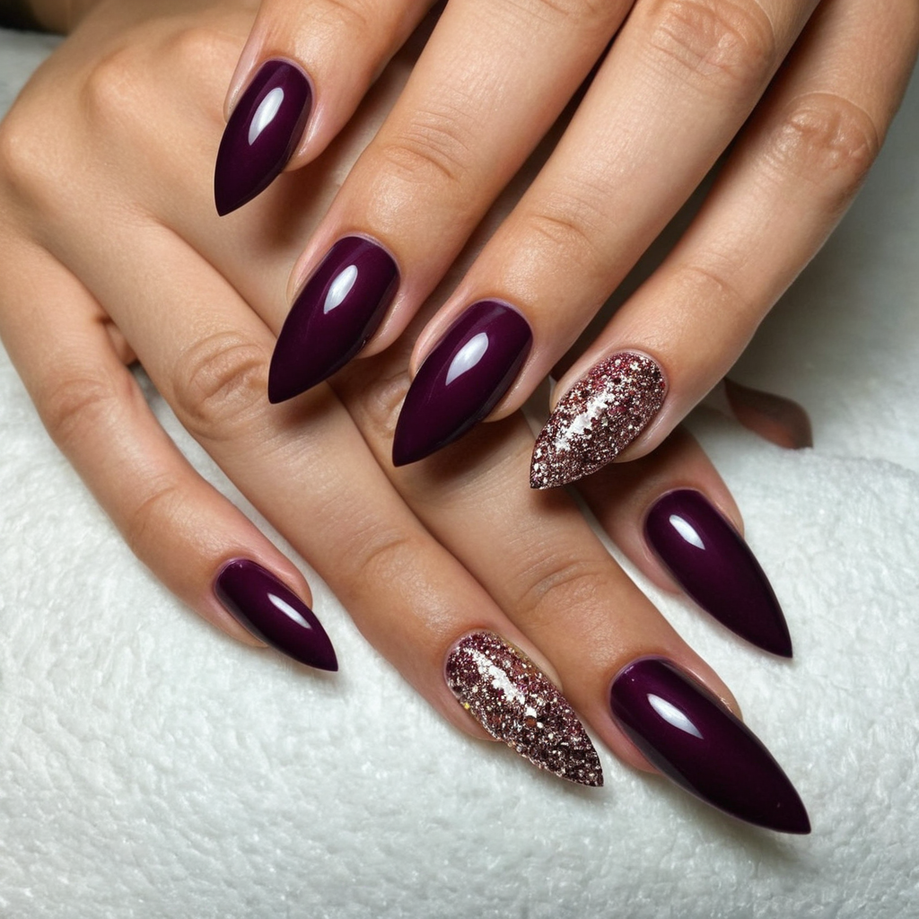 Dark Plum Nails with Stiletto Shape