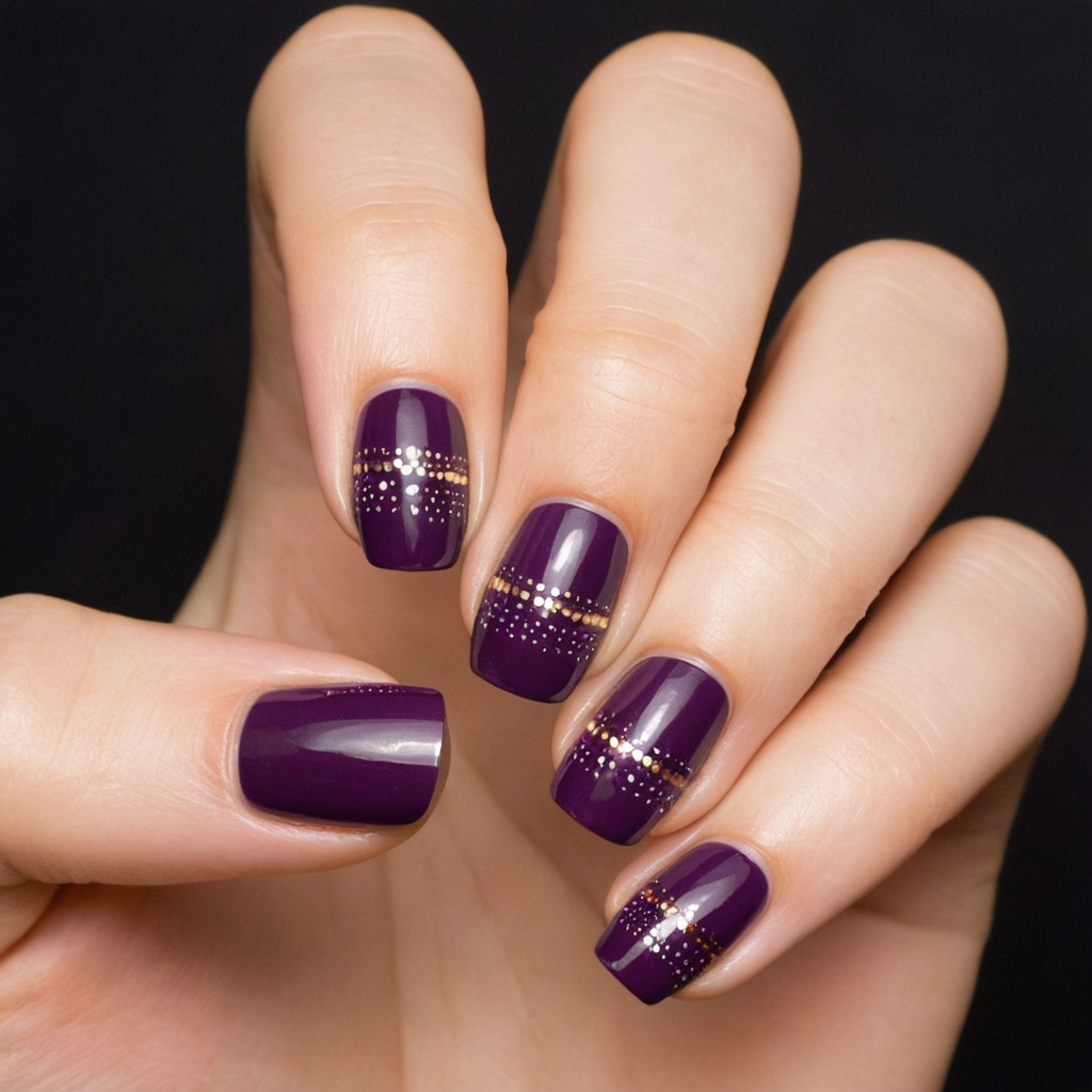 Dark Plum Nails with Dots and Dashes