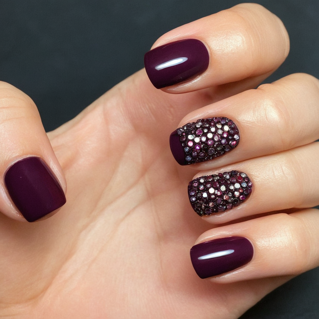 Dark Plum Nails with Crystal Embellishments