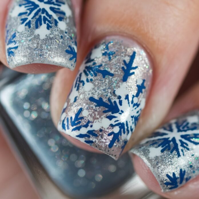 Silver and Blue Snowflake Nails