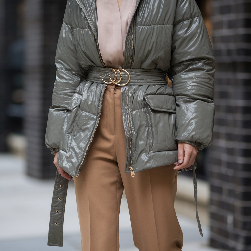 Belted Puffer Jacket with Tailored Pants