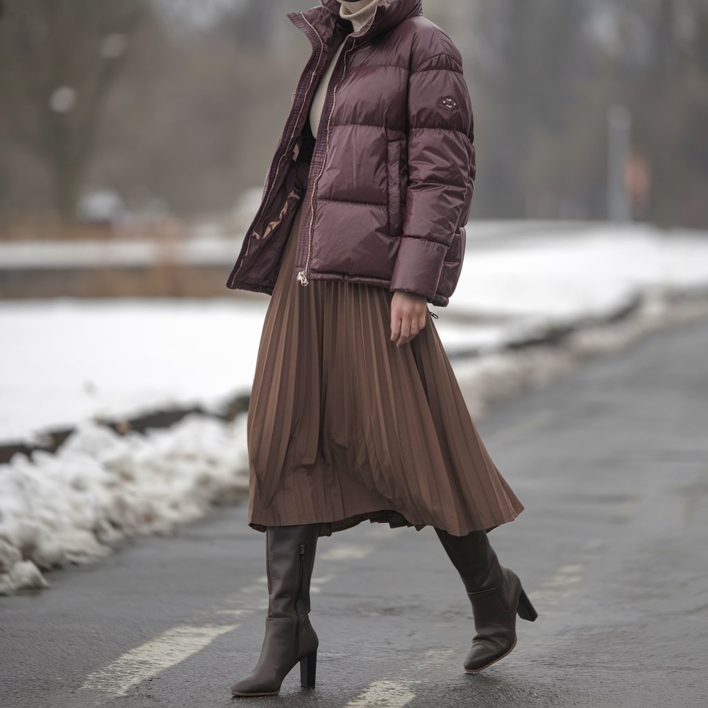 Puffer Jacket with Midi Skirt and Heeled Boots