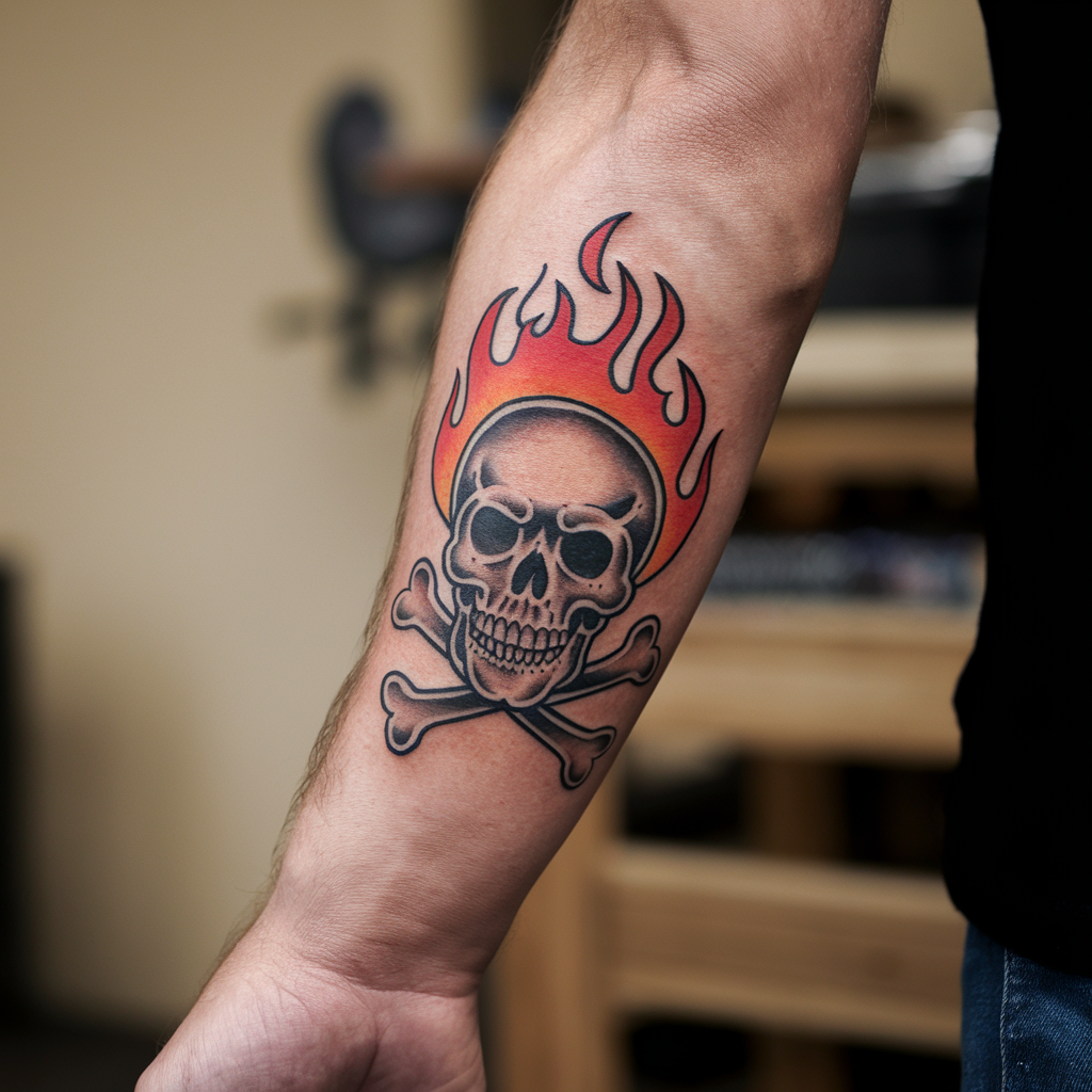 Flaming Skull with Crossbones