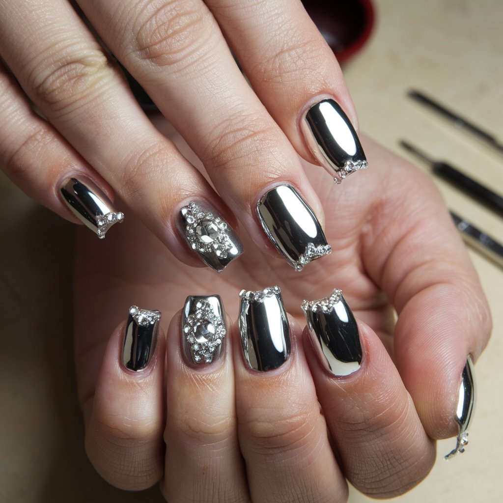 Chrome Nail Art with Gems