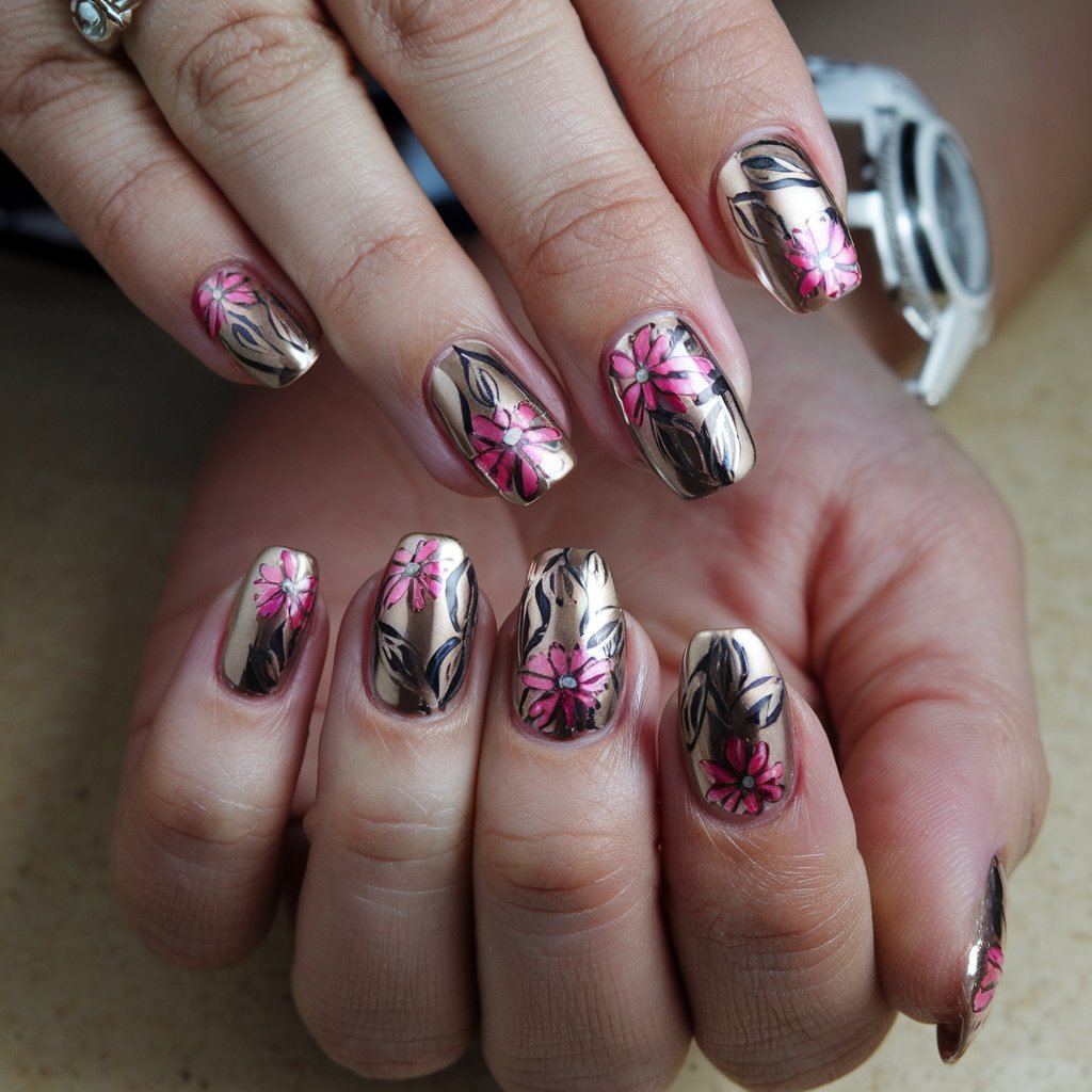 Floral Chrome Nails