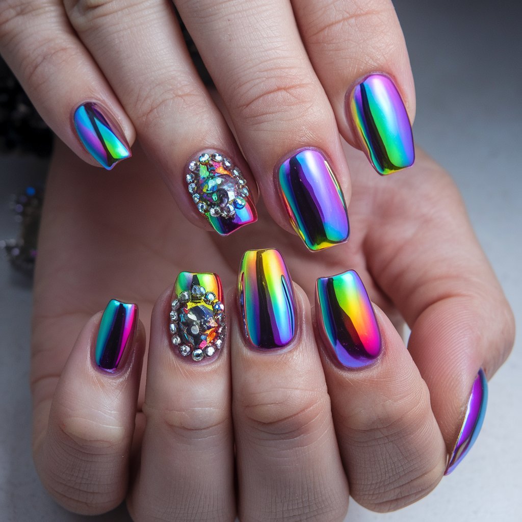 Rainbow Chrome Nails