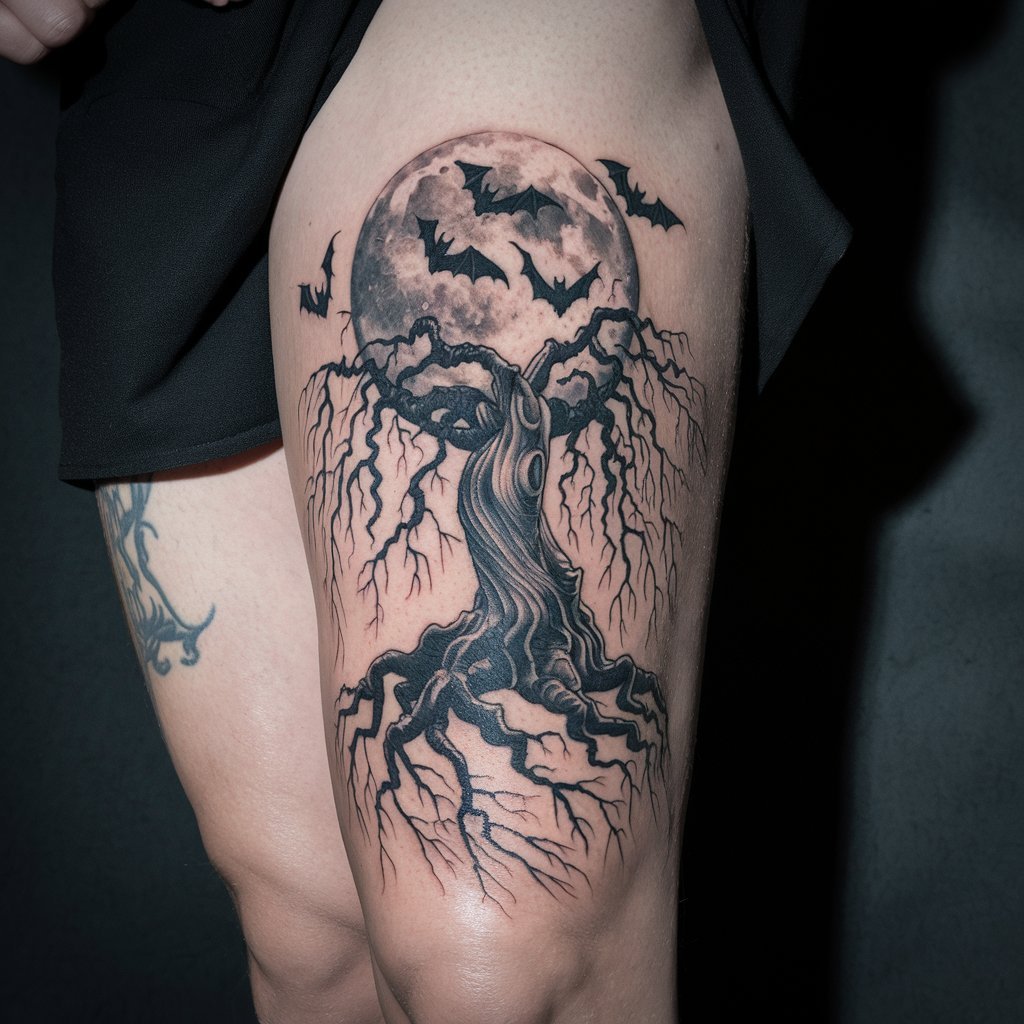 Haunted Tree with Bats and Full Moon