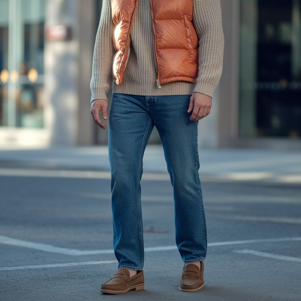 Puffer Vest with Sweater and Jeans