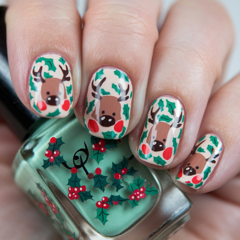 Reindeer and Holly Nail Art