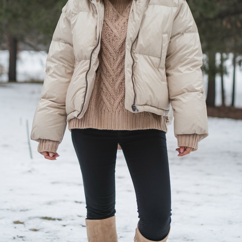 Puffer Jacket with Skinny Jeans and Boots