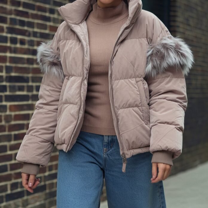 Faux Fur-Trimmed Puffer Jacket with Wide-Leg Jeans