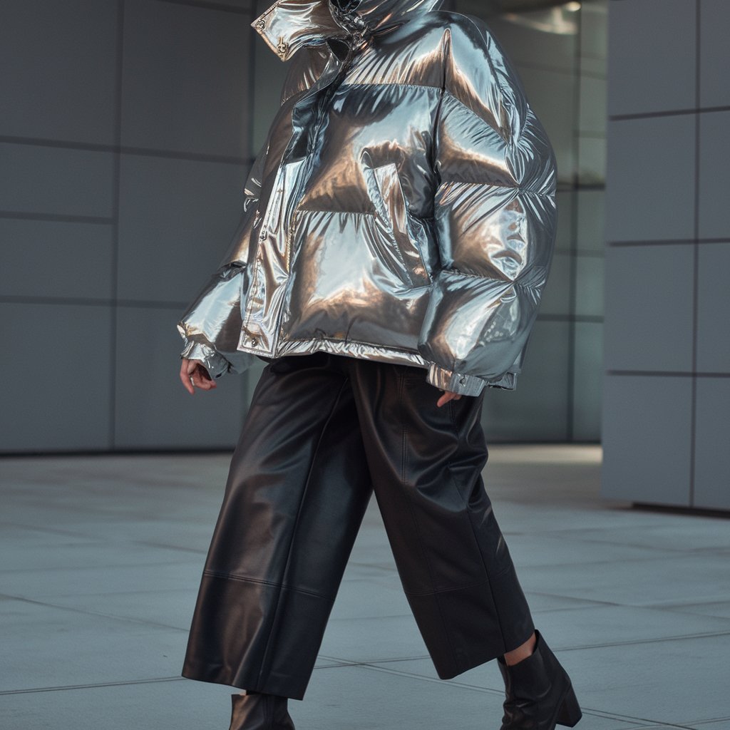 Metallic Puffer Jacket with Leather Pants